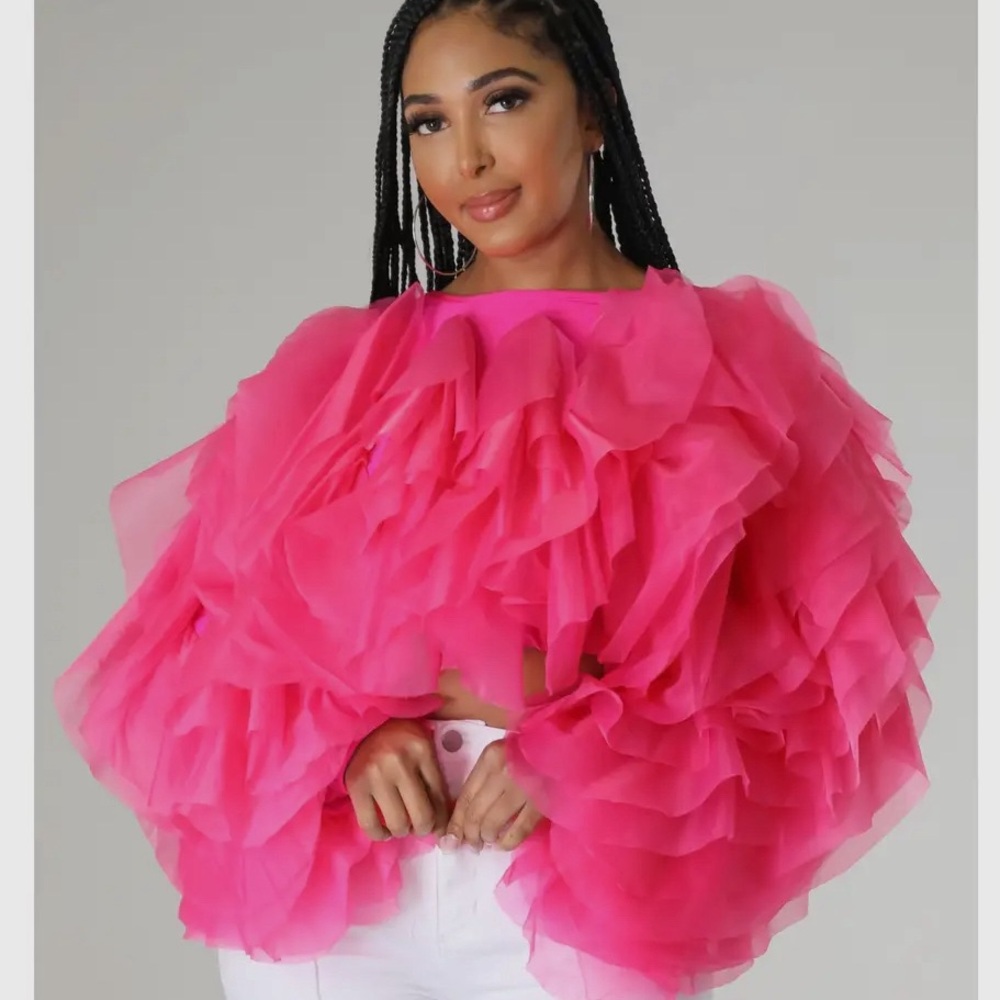 Plus Size Pink Ruffle Tulle Crop Top | Romantic Organza Statement Blouse